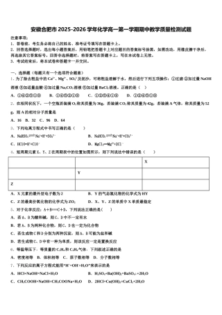 安徽合肥市2025-2026学年化学高一第一学期期中教学质量检测试题含解析