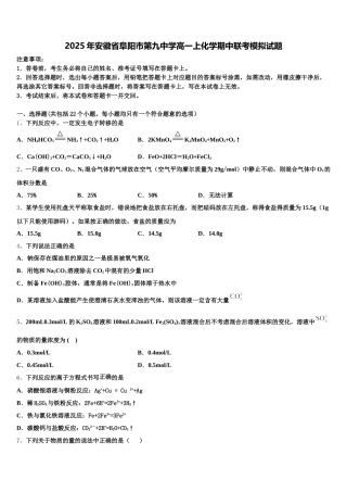 2025年安徽省阜阳市第九中学高一上化学期中联考模拟试题含解析