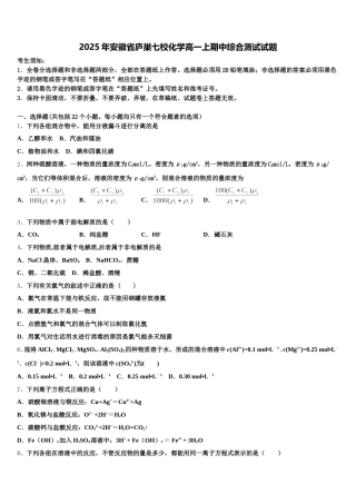 2025年安徽省庐巢七校化学高一上期中综合测试试题含解析