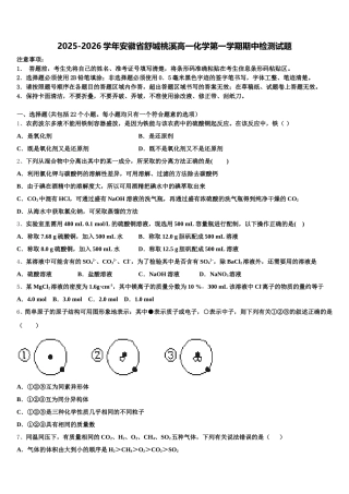 2025-2026学年安徽省舒城桃溪高一化学第一学期期中检测试题含解析