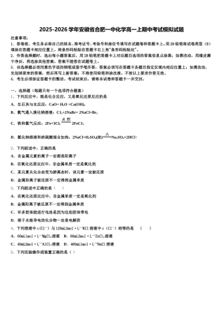2025-2026学年安徽省合肥一中化学高一上期中考试模拟试题含解析