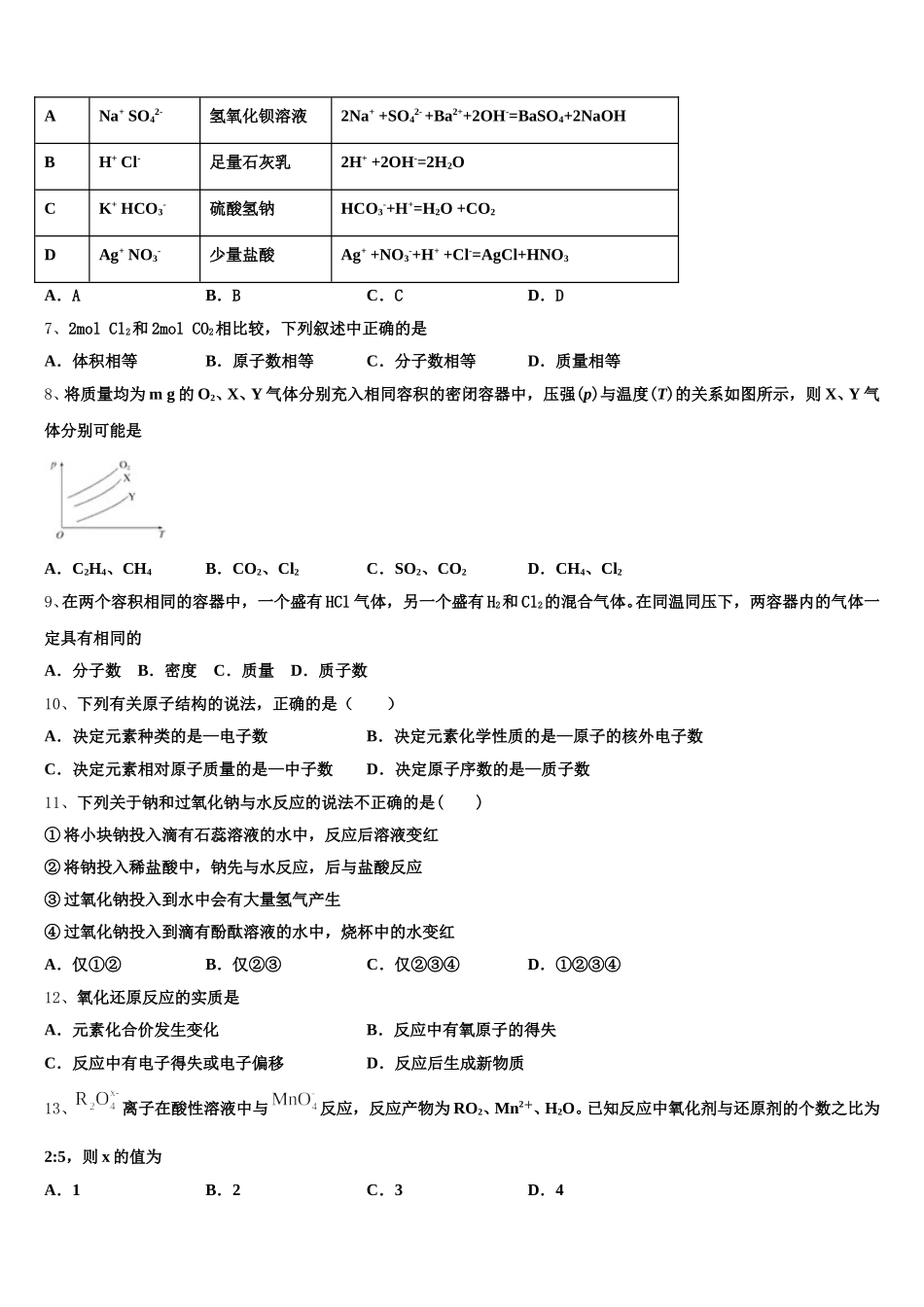 2026届江西省鄱阳县第一中学高一上化学期中学业水平测试模拟试题含解析_第2页