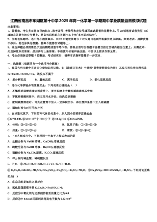 江西省南昌市东湖区第十中学2025年高一化学第一学期期中学业质量监测模拟试题含解析