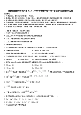 江西省宜春市丰城九中2025-2026学年化学高一第一学期期中监测模拟试题含解析