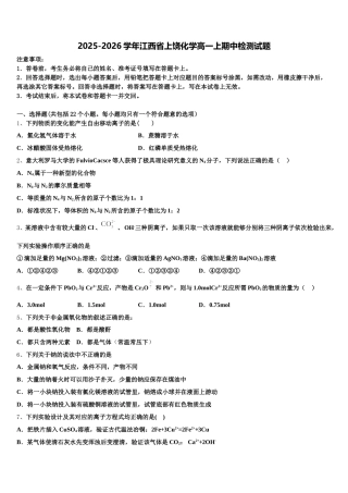 2025-2026学年江西省上饶化学高一上期中检测试题含解析