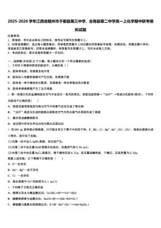 2025-2026学年江西省赣州市于都县第三中学、全南县第二中学高一上化学期中联考模拟试题含解析
