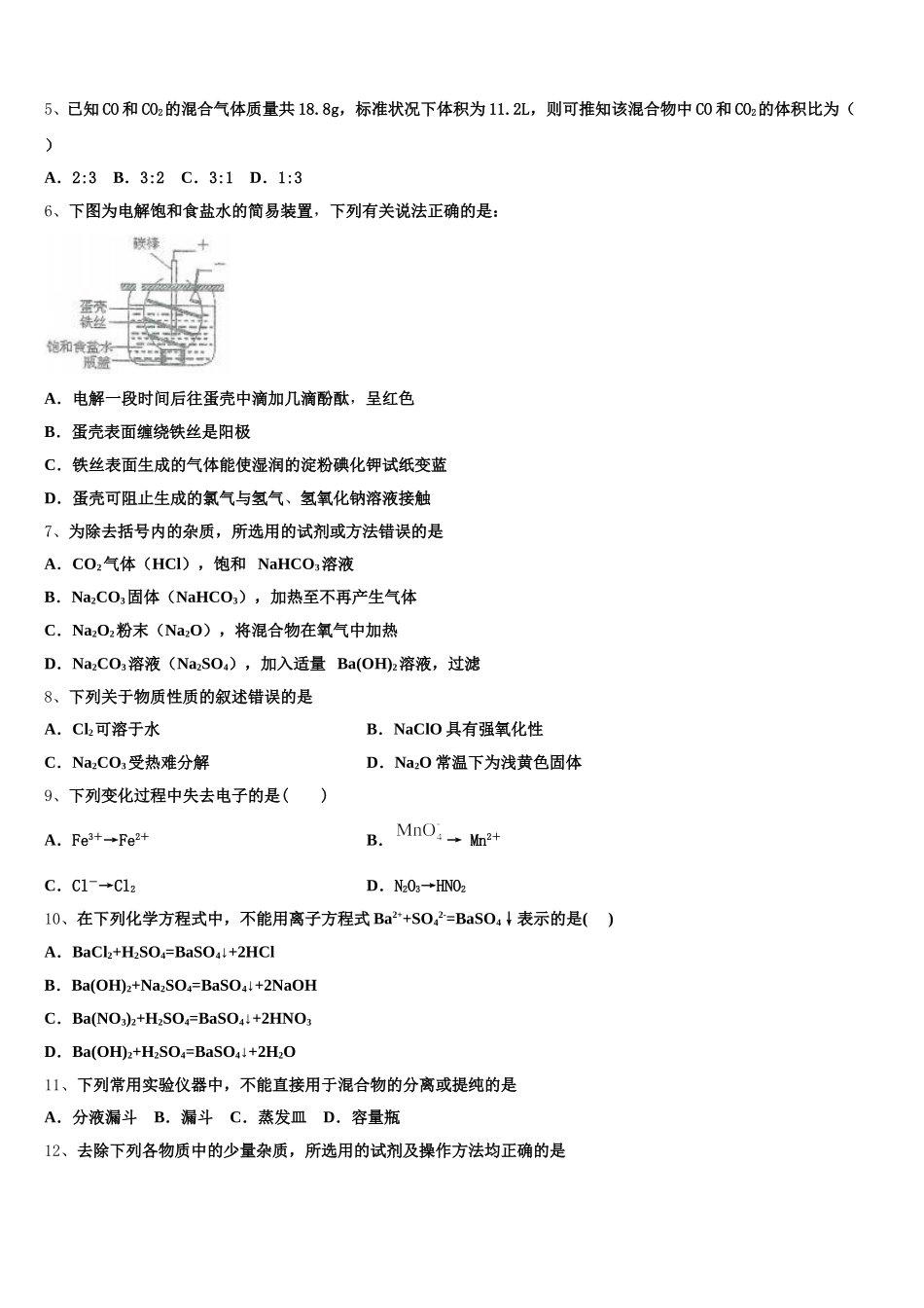 2026届江西省九江同文中学化学高一第一学期期中调研模拟试题含解析_第2页