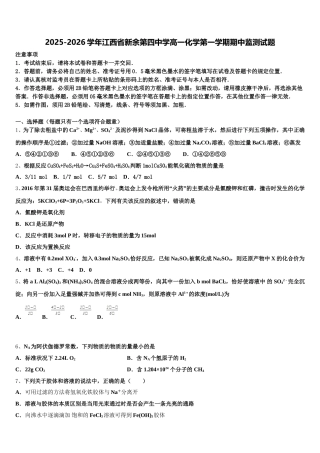 2025-2026学年江西省新余第四中学高一化学第一学期期中监测试题含解析