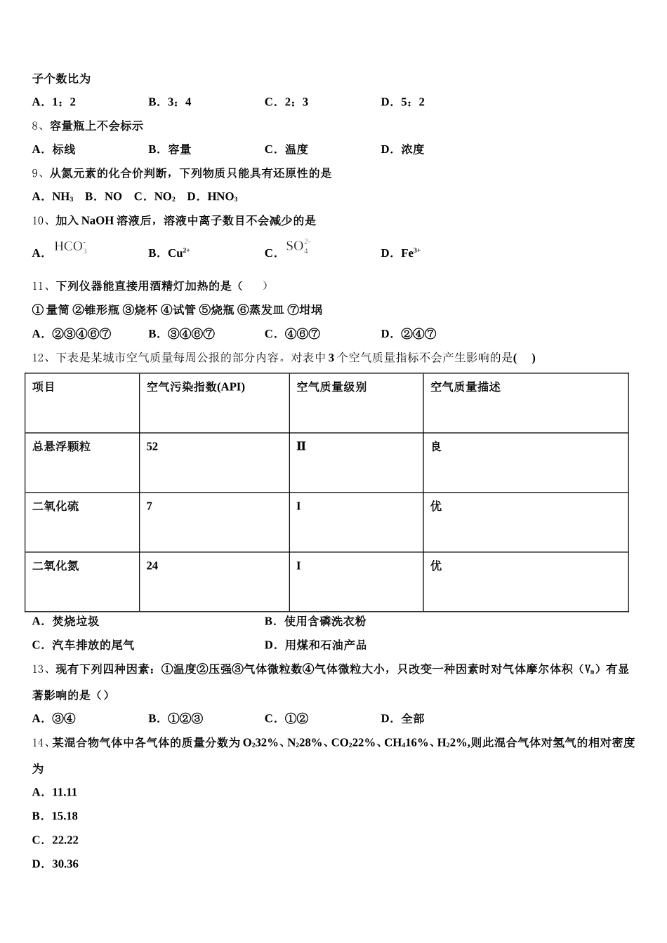 2025年江西新建二中化学高一第一学期期中监测模拟试题含解析_第2页