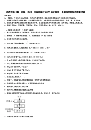 江西省临川第一中学、临川一中实验学校2025年化学高一上期中质量检测模拟试题含解析