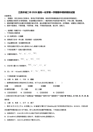 江西丰城二中2026届高一化学第一学期期中调研模拟试题含解析