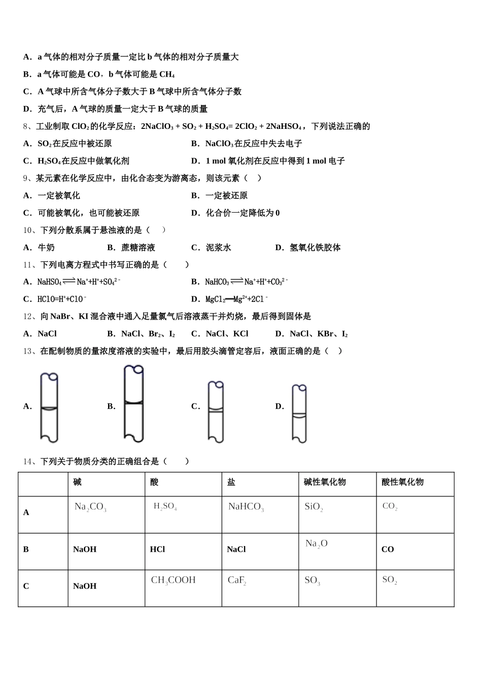 2025-2026学年萍乡市重点中学高一化学第一学期期中达标测试试题含解析_第2页
