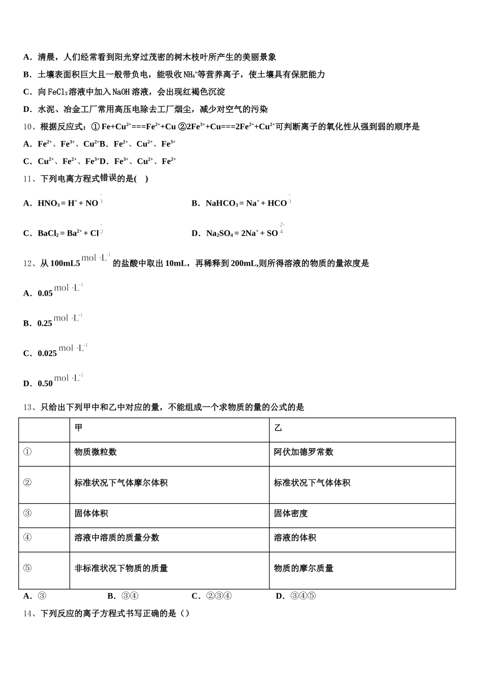 2026届江西省宜春市樟树中学高一上化学期中调研试题含解析_第2页