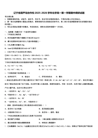 辽宁省葫芦岛协作校2025-2026学年化学高一第一学期期中调研试题含解析