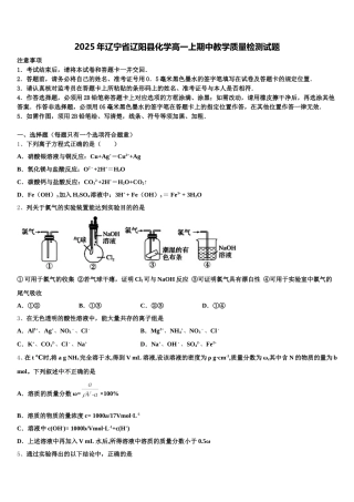 2025年辽宁省辽阳县化学高一上期中教学质量检测试题含解析