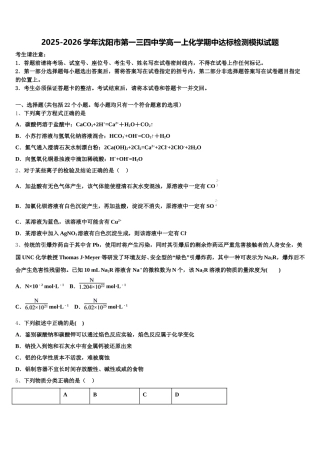 2025-2026学年沈阳市第一三四中学高一上化学期中达标检测模拟试题含解析