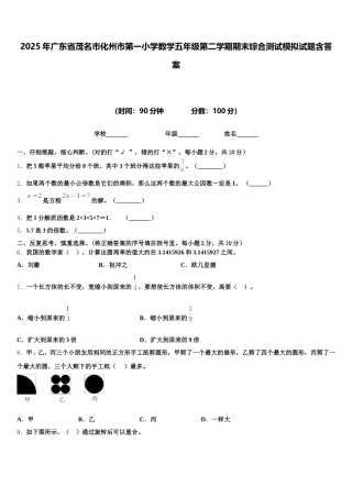 2025年广东省茂名市化州市第一小学数学五年级第二学期期末综合测试模拟试题含答案
