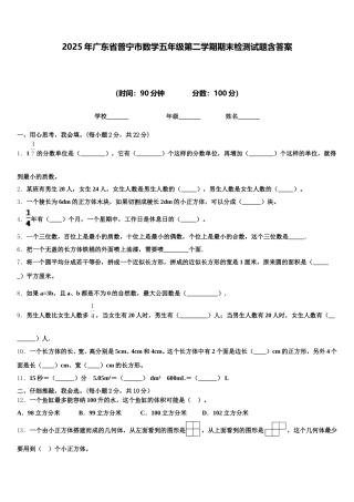2025年广东省普宁市数学五年级第二学期期末检测试题含答案