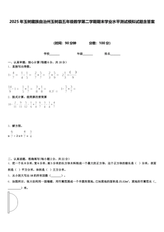 2025年玉树藏族自治州玉树县五年级数学第二学期期末学业水平测试模拟试题含答案