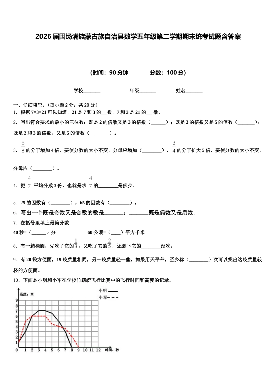 2026届围场满族蒙古族自治县数学五年级第二学期期末统考试题含答案_第1页