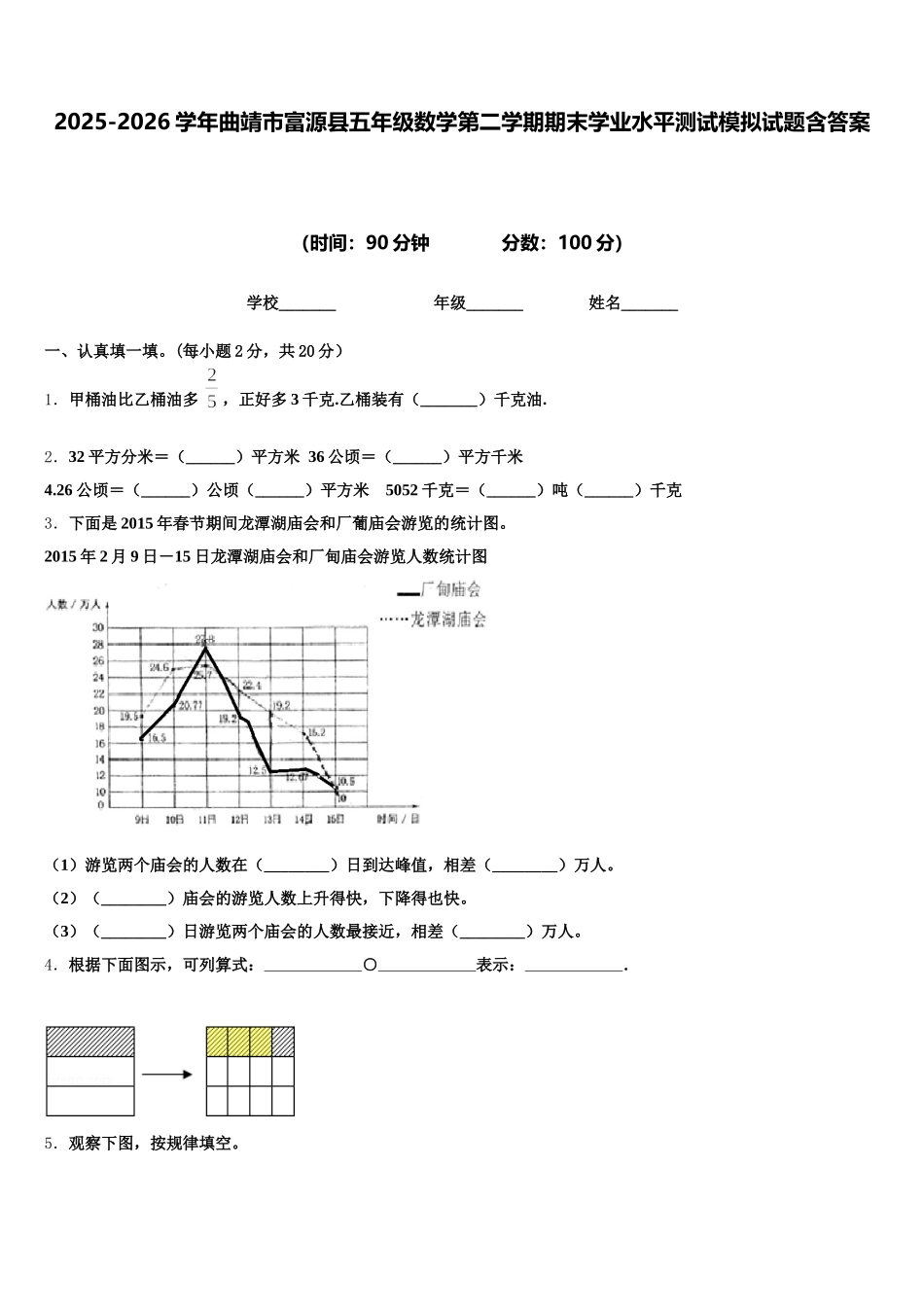 2025-2026学年曲靖市富源县五年级数学第二学期期末学业水平测试模拟试题含答案_第1页