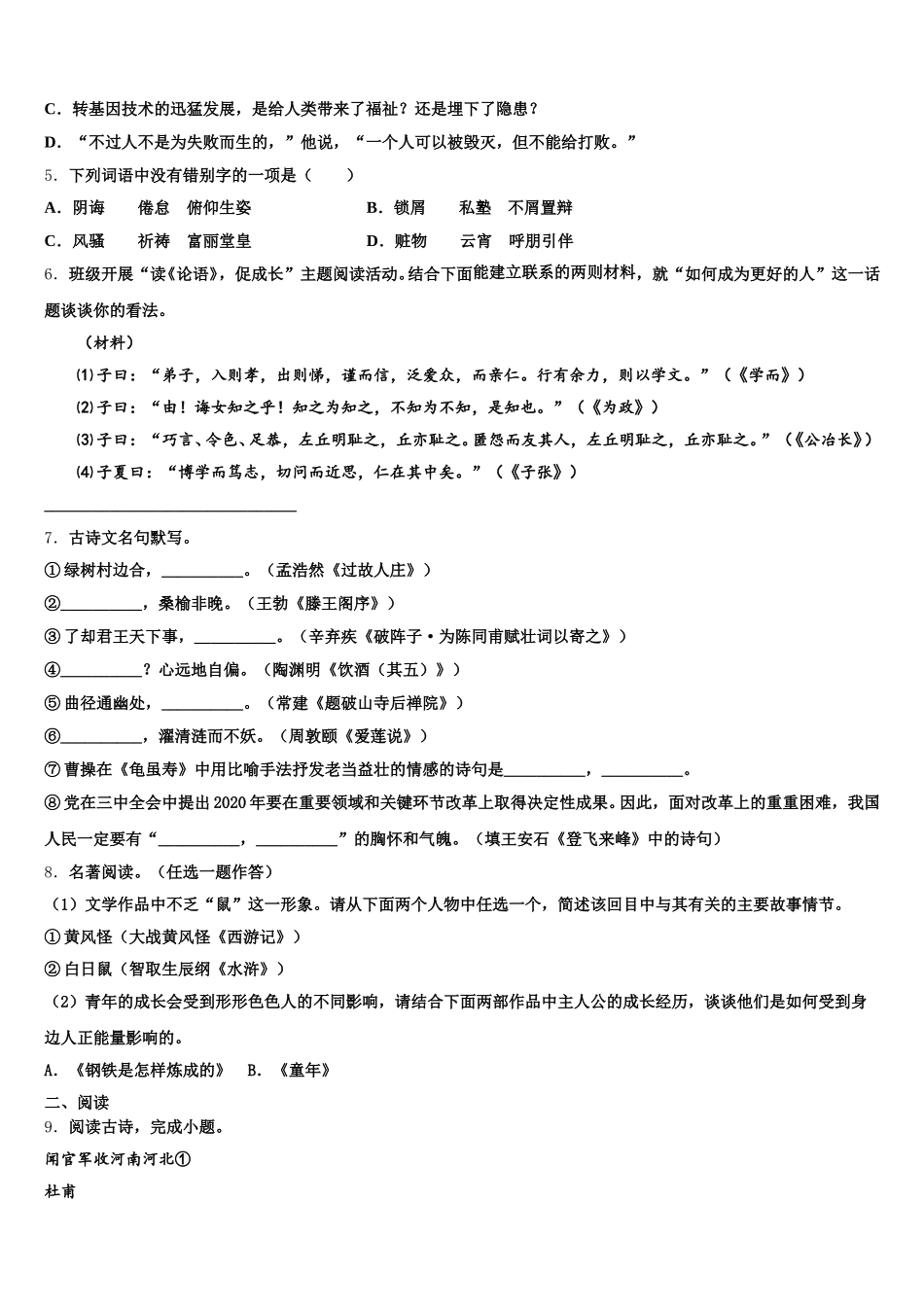江苏省扬州市邢江区美琪学校2025-2026学年初三年级模拟考试（三）语文试题含解析_第2页