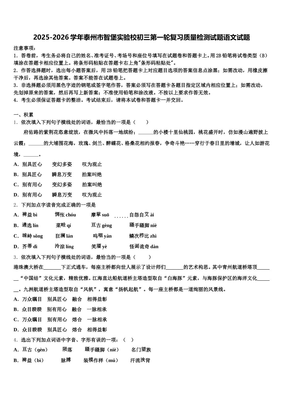 2025-2026学年泰州市智堡实验校初三第一轮复习质量检测试题语文试题含解析_第1页