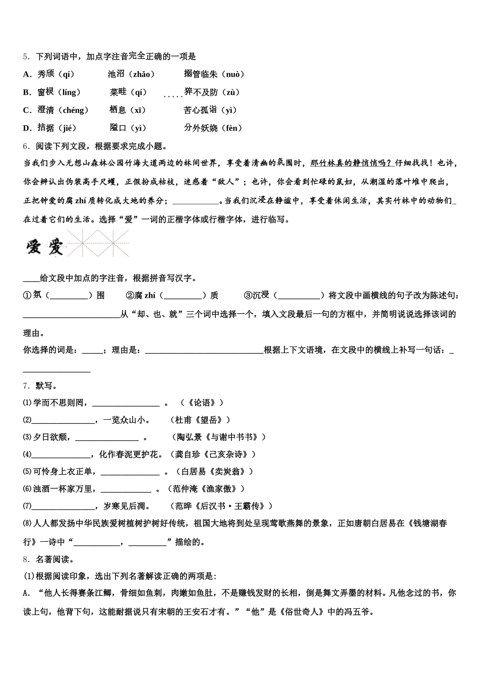 2025-2026学年江苏省泰州市泰兴市长生中学初三语文试题统练试题含解析_第2页