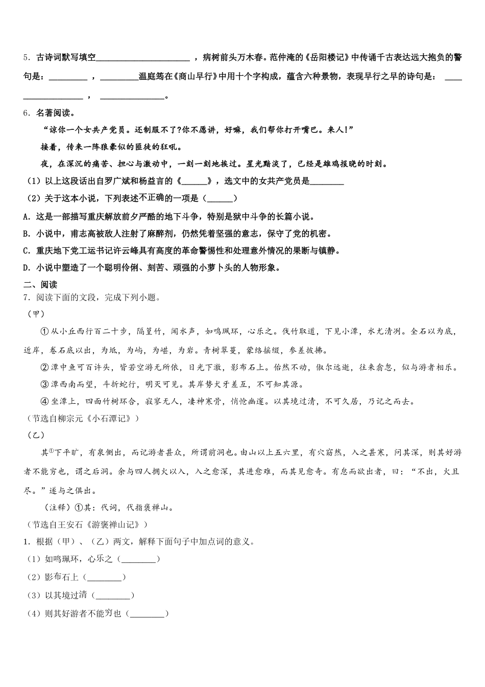 江苏省射阳实验初中2026年初三语文试题一轮复习典型题专项训练含解析_第2页