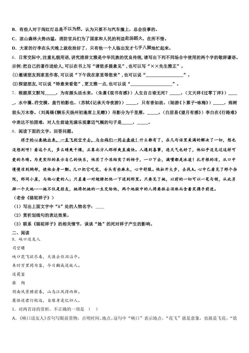 江苏省滨海县2026届初三下学期第一次检测试题-语文试题试卷含解析_第2页