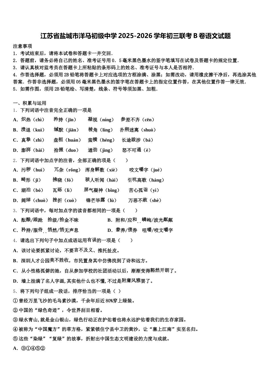 江苏省盐城市洋马初级中学2025-2026学年初三联考B卷语文试题含解析_第1页