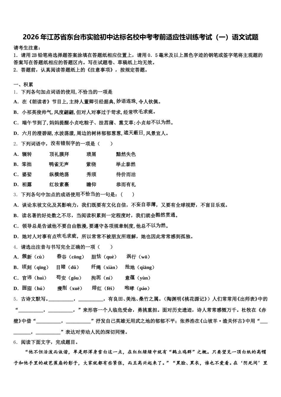2026年江苏省东台市实验初中达标名校中考考前适应性训练考试（一）语文试题含解析_第1页