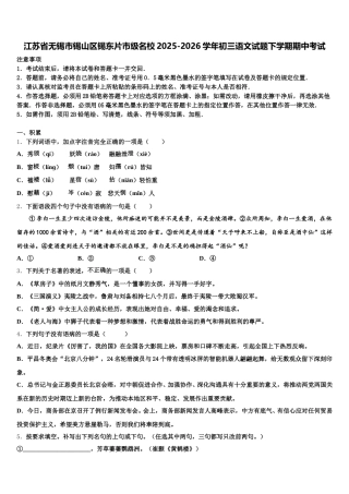 江苏省无锡市锡山区锡东片市级名校2025-2026学年初三语文试题下学期期中考试含解析