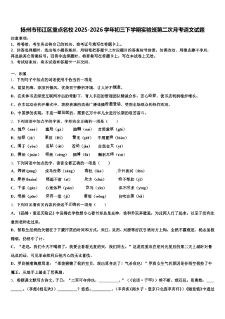 扬州市邗江区重点名校2025-2026学年初三下学期实验班第二次月考语文试题含解析