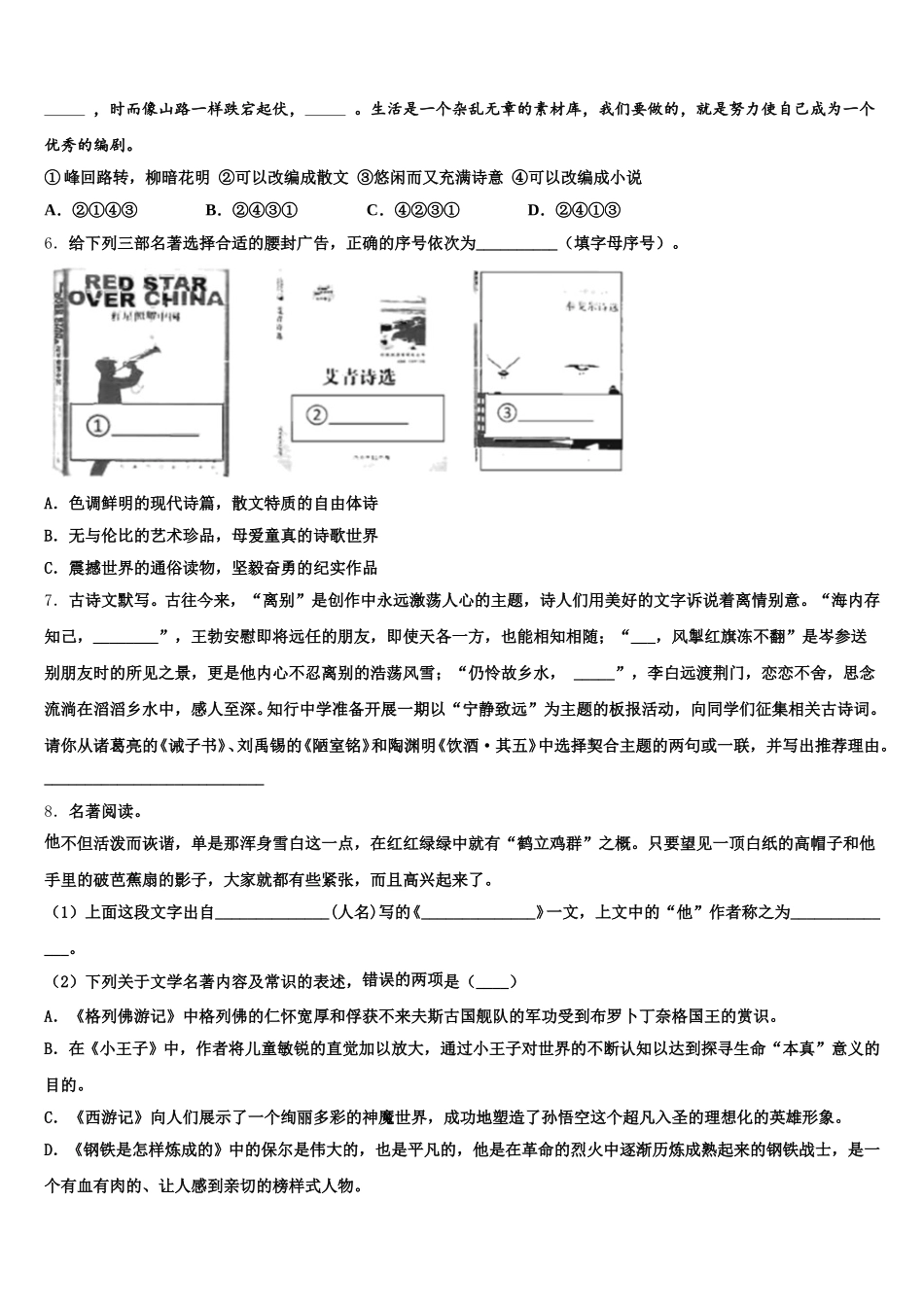 2026届江苏省淮安市淮安区初三5月综合测试（三模）语文试题理试题含解析_第2页