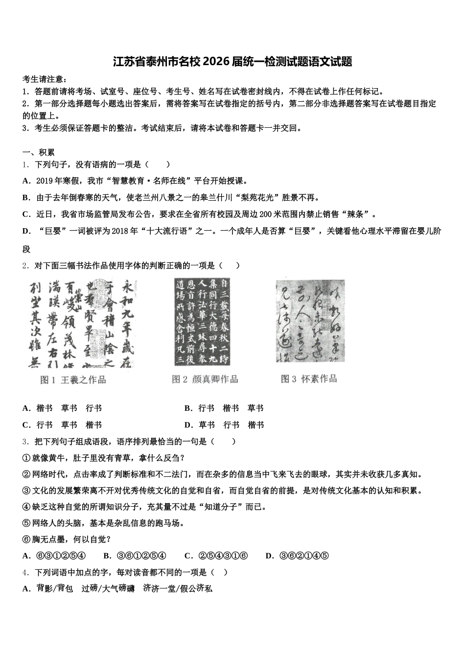 江苏省泰州市名校2026届统一检测试题语文试题含解析_第1页