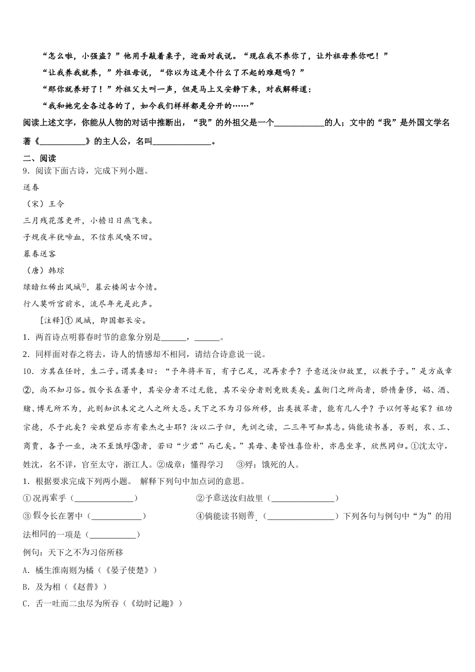 宁夏石嘴山市第三中学2026届初三下学期“在线模拟考试”（第一次月考）语文试题含解析_第3页
