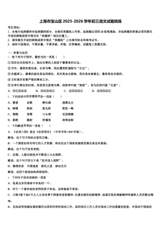 上海市宝山区2025-2026学年初三语文试题统练含解析