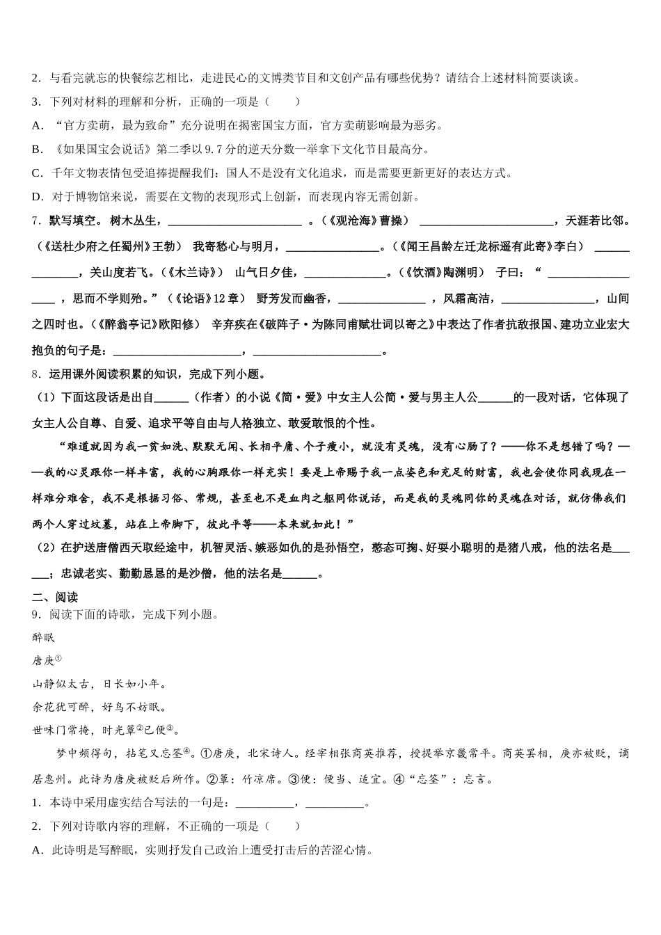 2026年上海市浦东新区南片联合体达标名校初三下学期教学质量监测（三模）语文试题含解析_第3页