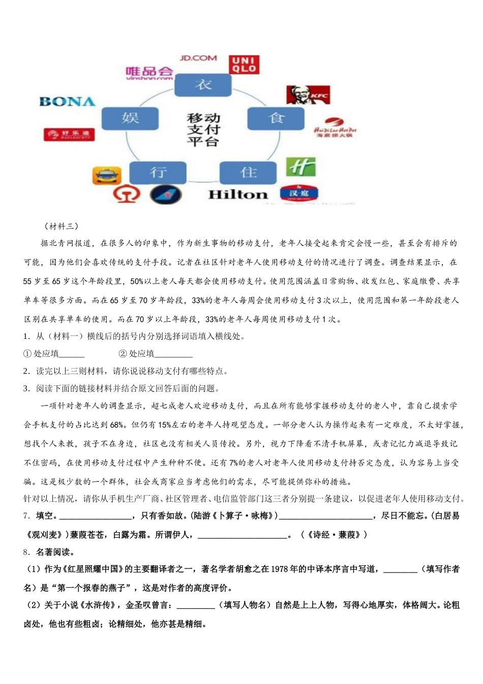 2026届四川省乐山第七中学重点达标名校初三5月联考试题语文试题试卷含解析_第3页