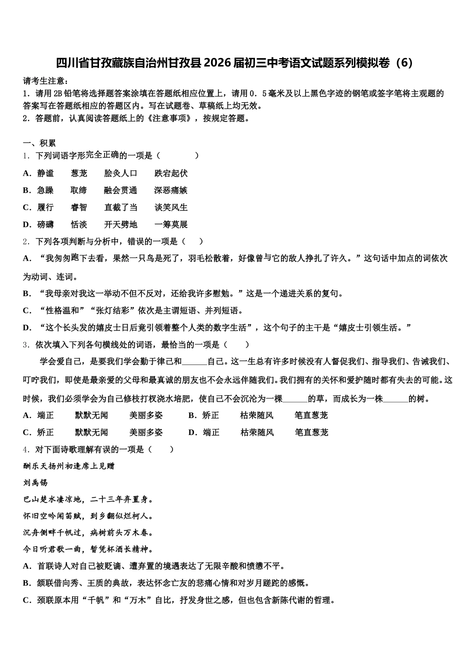 四川省甘孜藏族自治州甘孜县2026届初三中考语文试题系列模拟卷（6）含解析_第1页