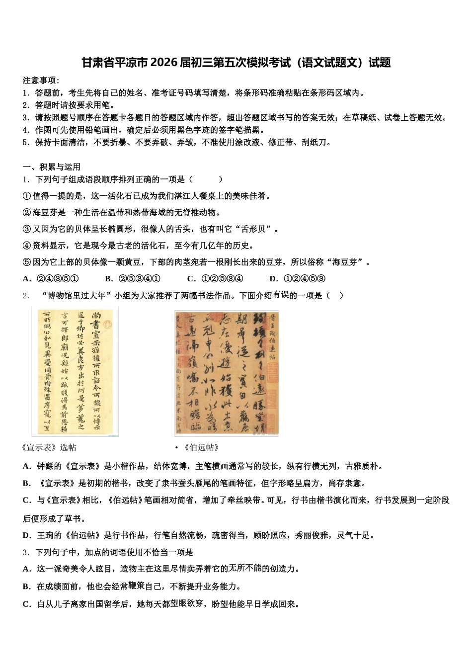 甘肃省平凉市2026届初三第五次模拟考试（语文试题文）试题含解析_第1页