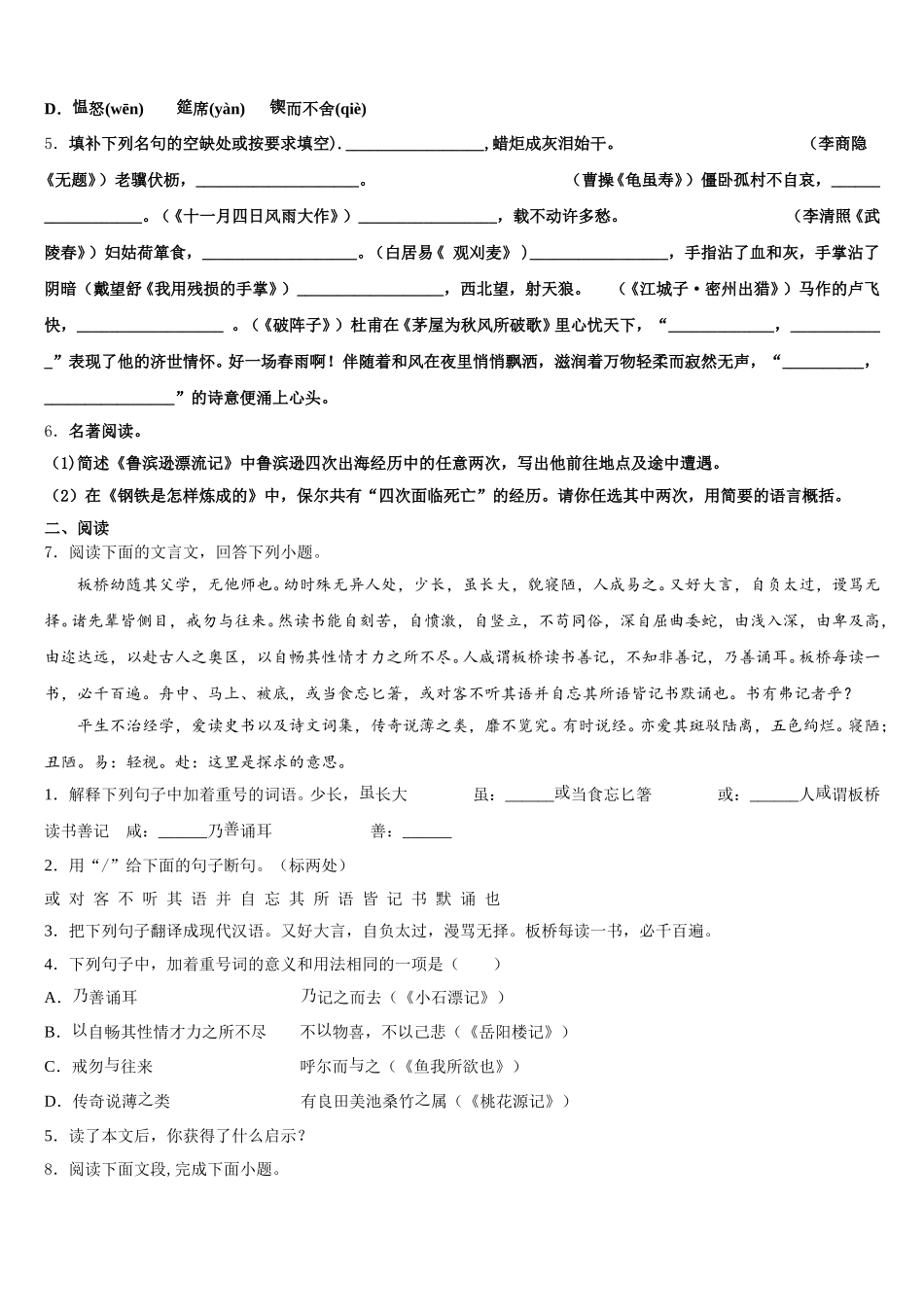 2026年海南省儋州三中学全国中考招生统一考试中考语文试题模拟试题（2）含解析_第2页