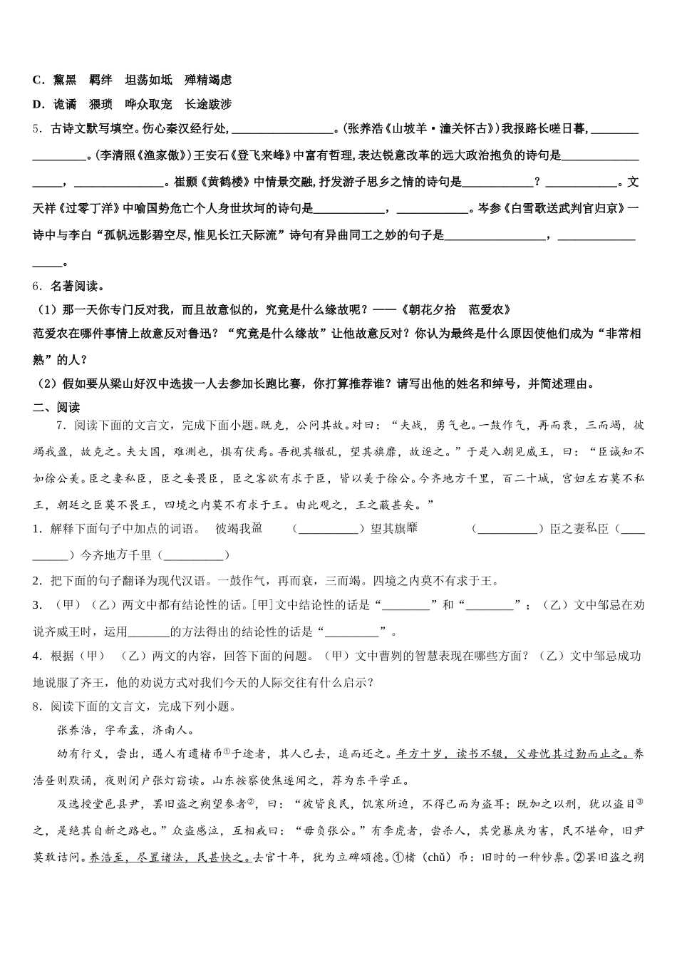 2026年海南省海口五中协作体中考摸底测试语文试题试卷含解析_第2页