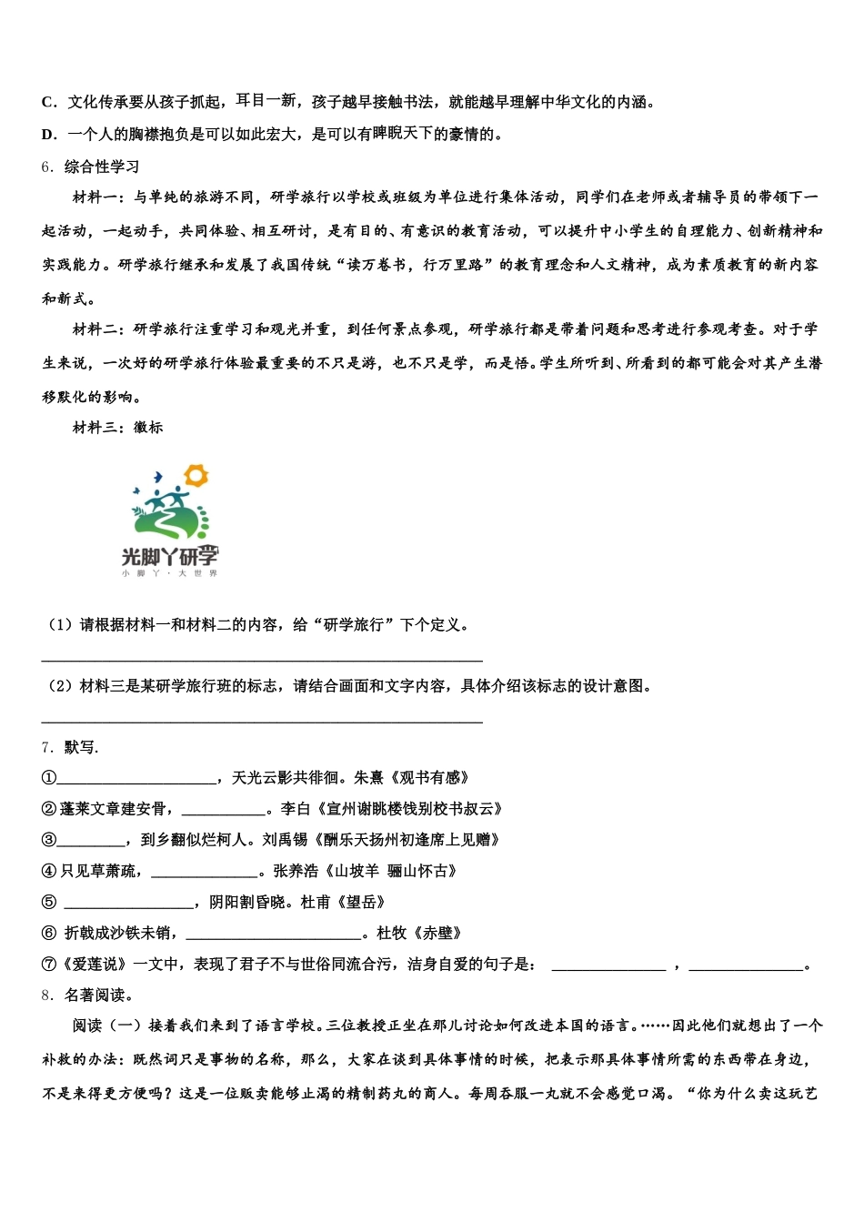 2025-2026学年上海市奉贤区初三第三次联考语文试题试卷(海南新中考卷)LI-HAIN含解析_第2页