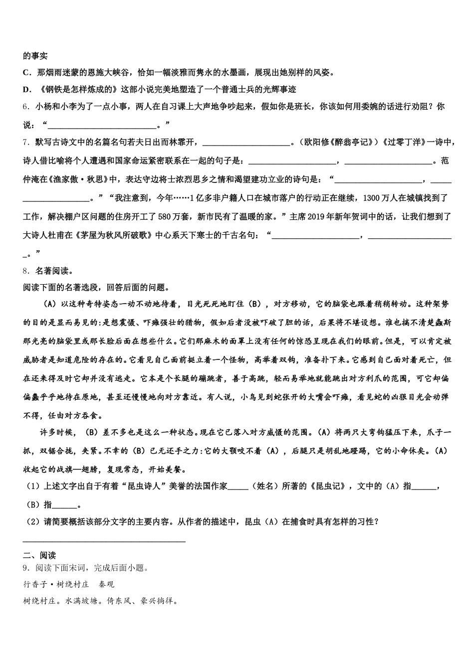 2026届广东省广州市石碁第四中学初三统一测试语文试题含解析_第2页