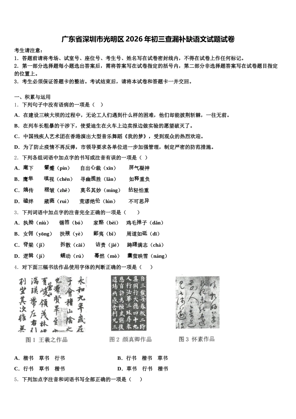 广东省深圳市光明区2026年初三查漏补缺语文试题试卷含解析_第1页