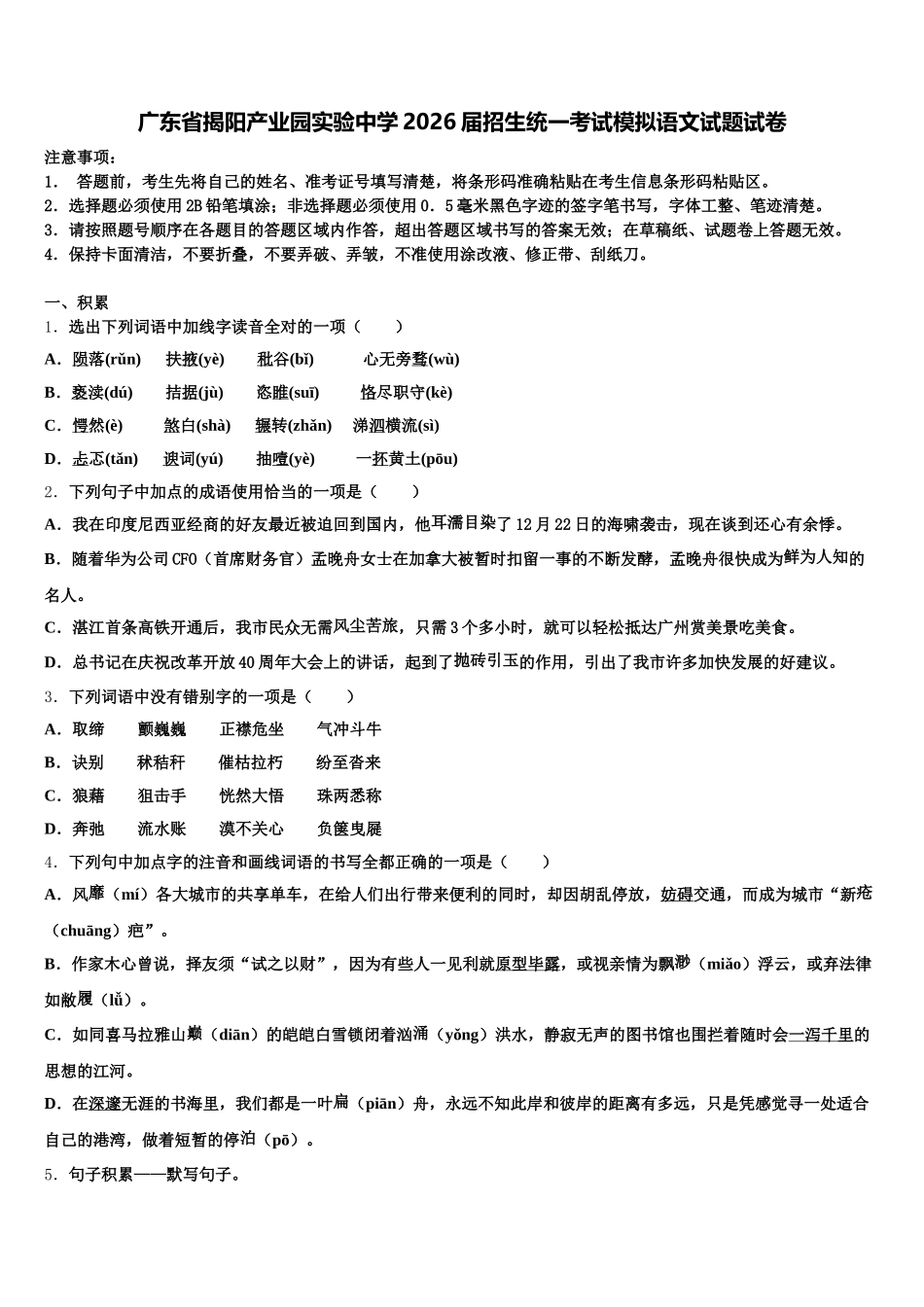 广东省揭阳产业园实验中学2026届招生统一考试模拟语文试题试卷含解析_第1页