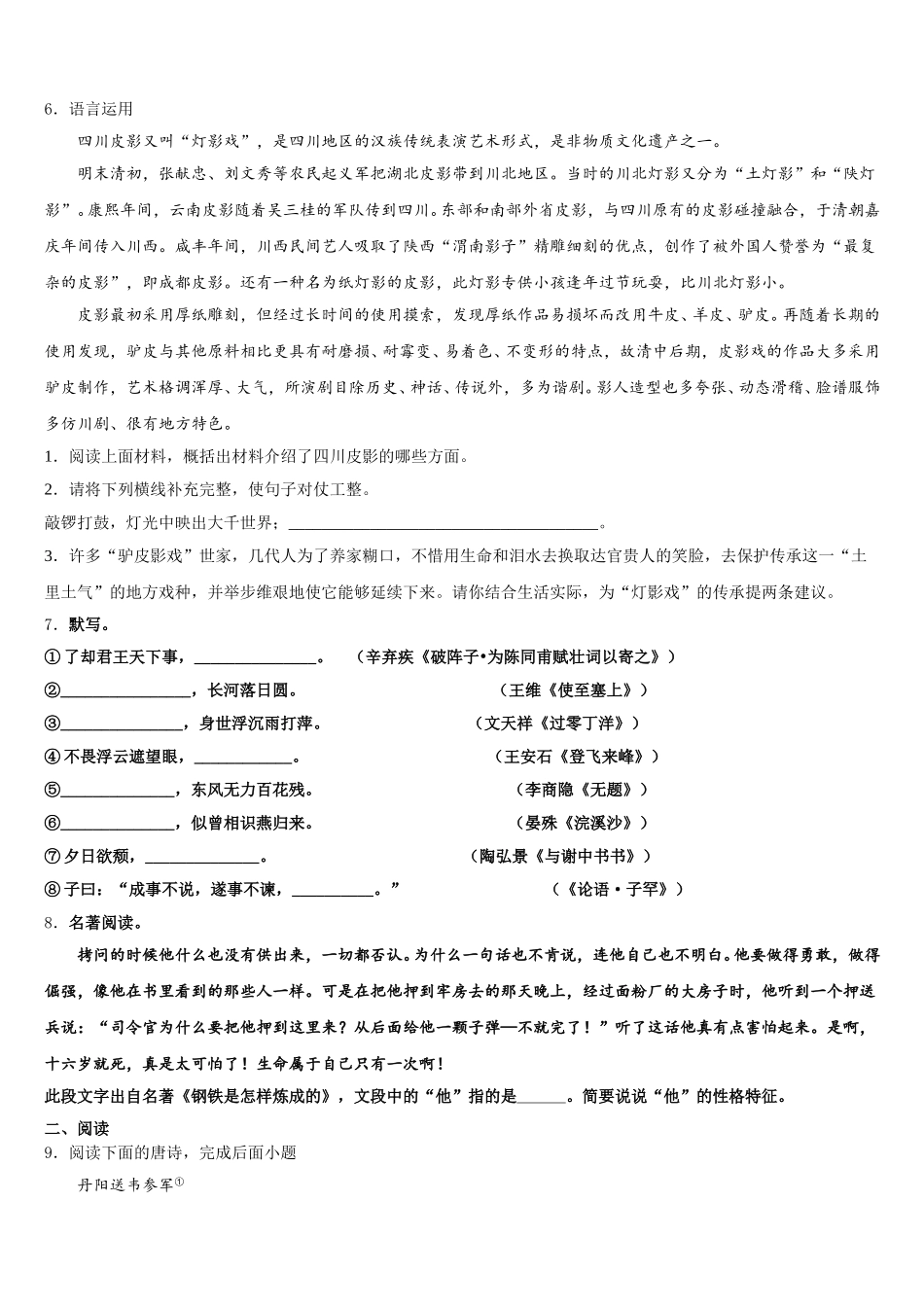 广东省深圳市光明新区高级中学2025-2026学年中考语文试题复习专号题型解析冲击训练含解析_第2页