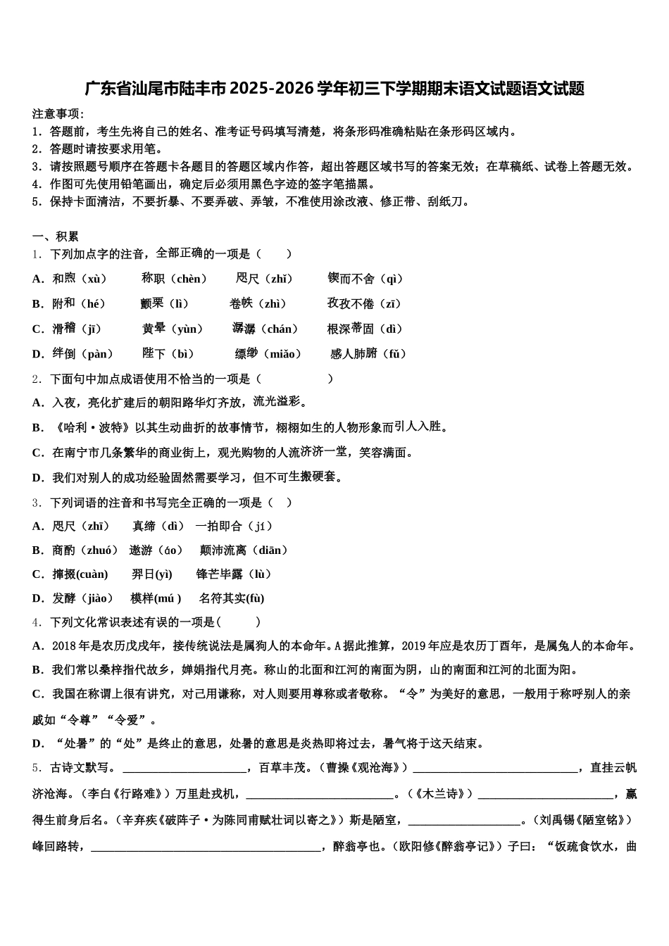 广东省汕尾市陆丰市2025-2026学年初三下学期期末语文试题语文试题含解析_第1页
